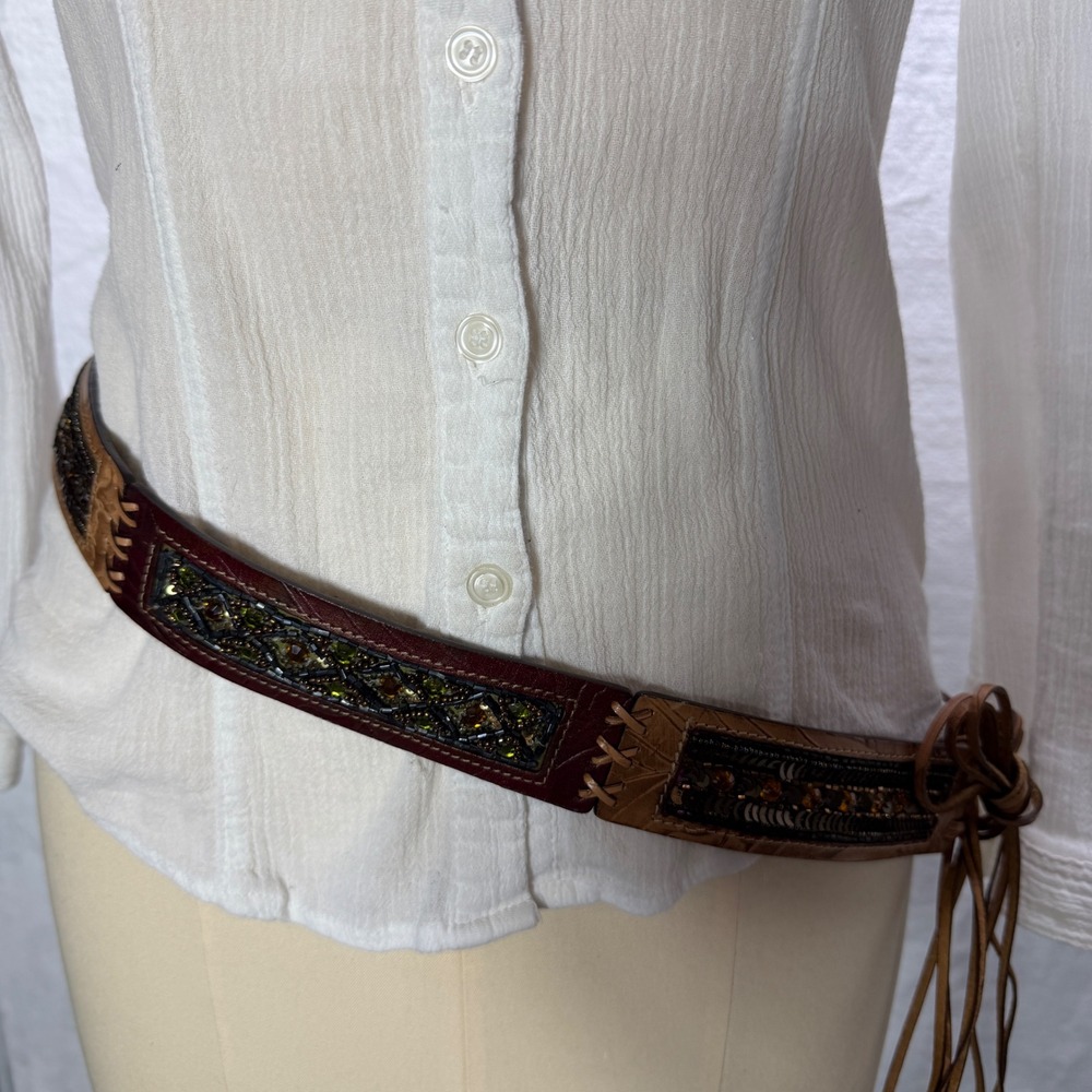 Chicos Boho Tan Leather Wrap Belt Bronze Sequin Beaded Embellished Waist Tie M/L